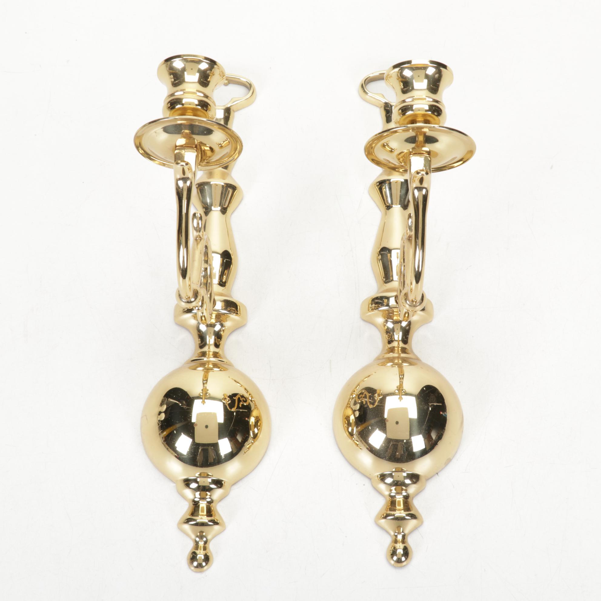 Two Pairs of Baldwin Brass Candlesticks With Brass Wall Candle Sconces