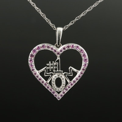 Sterling Sapphire and White Sapphire "#1 Mom" Heart Pendant Necklace
