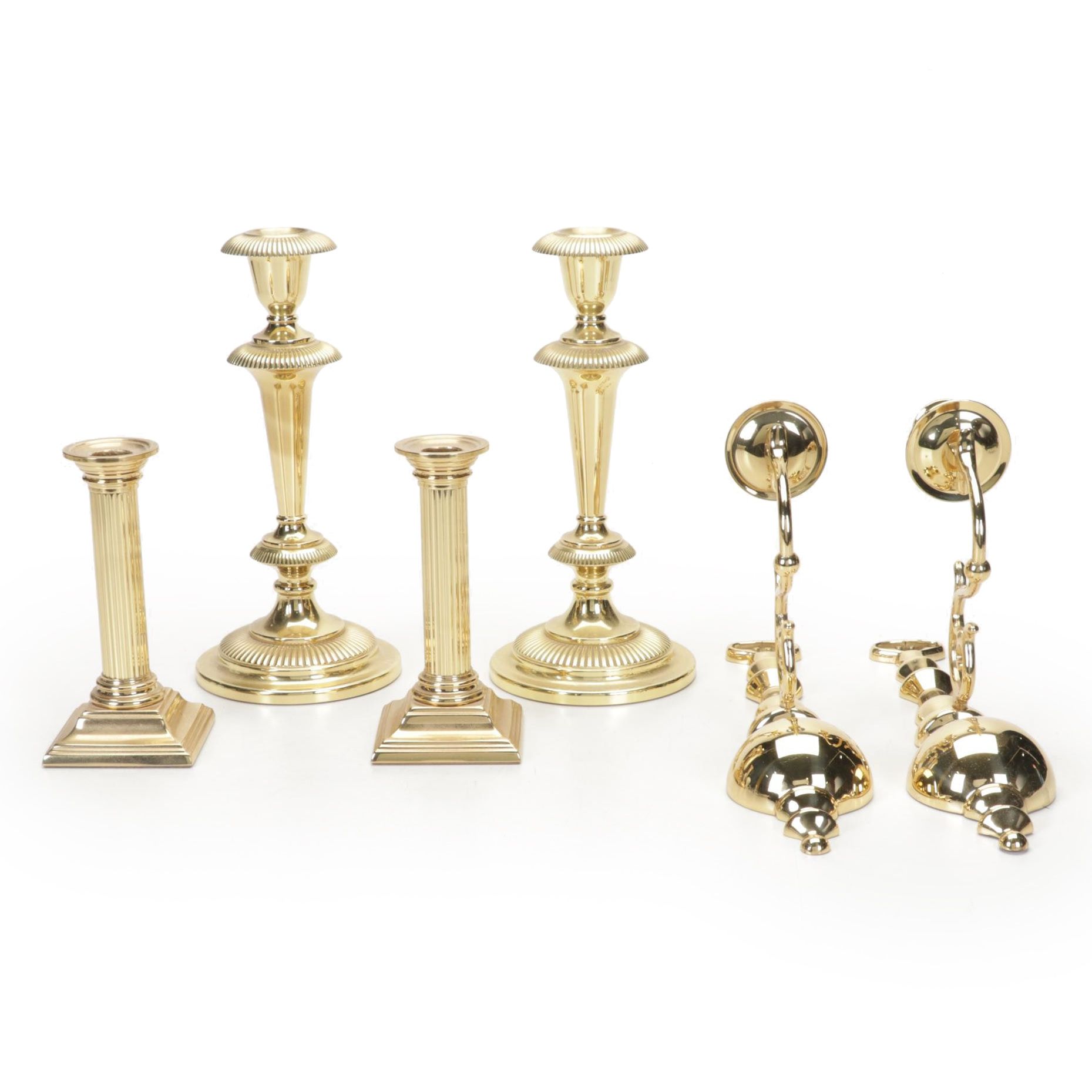 Two Pairs of Baldwin Brass Candlesticks With Brass Wall Candle Sconces