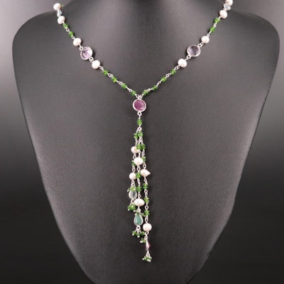 Sterling Diopside, Cultured Pearl, Amethyst, and Addition Gemstone Necklace