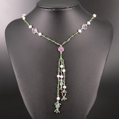 Sterling Diopside, Cultured Pearl, Amethyst, and Addition Gemstone Necklace