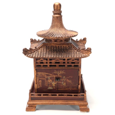Chinoiserie Style Parcel Gilt Pagoda Form Composite Cabinet