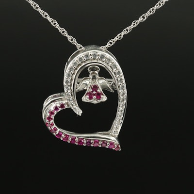Sterling Ruby and White Sapphire Angel and Heart Trembler Pendant Necklace