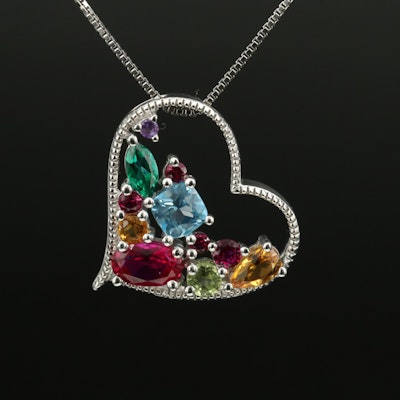 Sterling Ruby, Topaz and Gemstone Heart Pendant Necklace