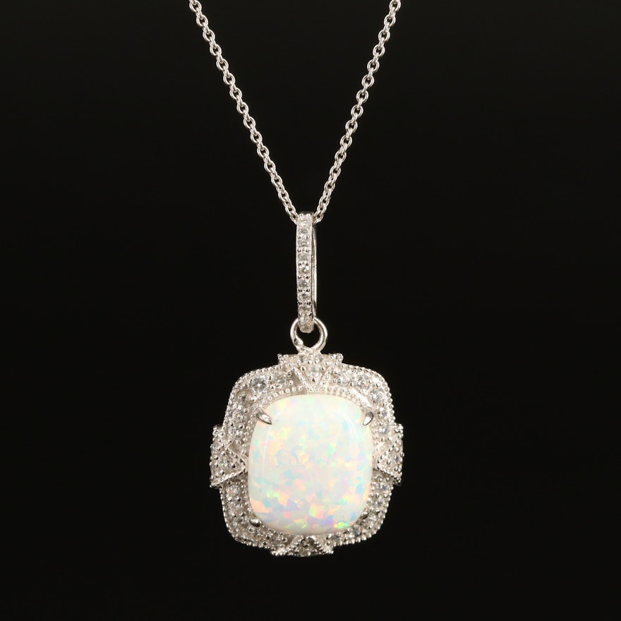 Sterling Opal and Cubic Zirconia Pendant Necklace