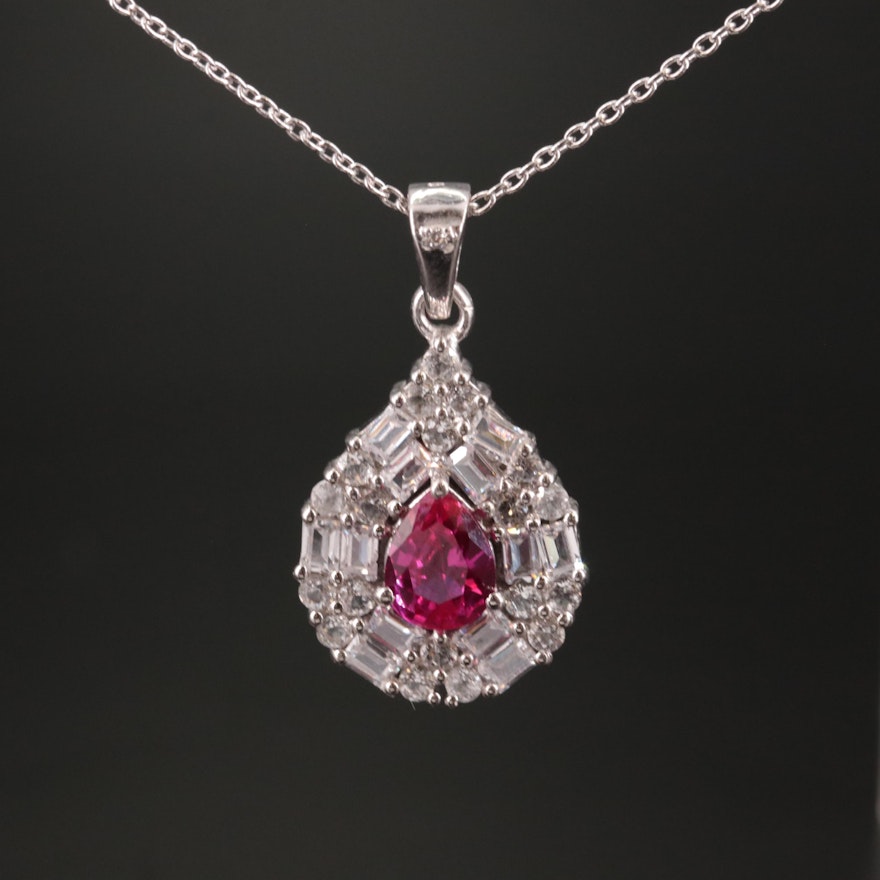 Sterling Ruby and Cubic Zirconia Pendant Necklace