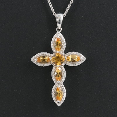 Sterling Citrine and Cubic Zirconia Cross Pendant Necklace