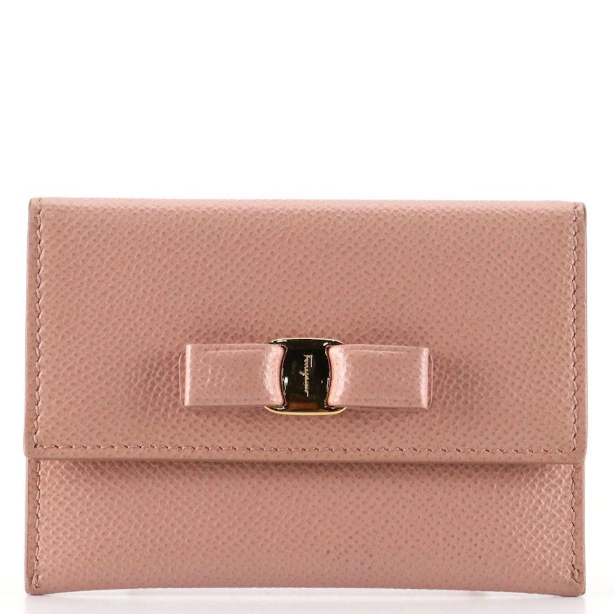 Salvatore Ferragamo Vara Bow Compact Flap Wallet in Pink Crossgrain Leather