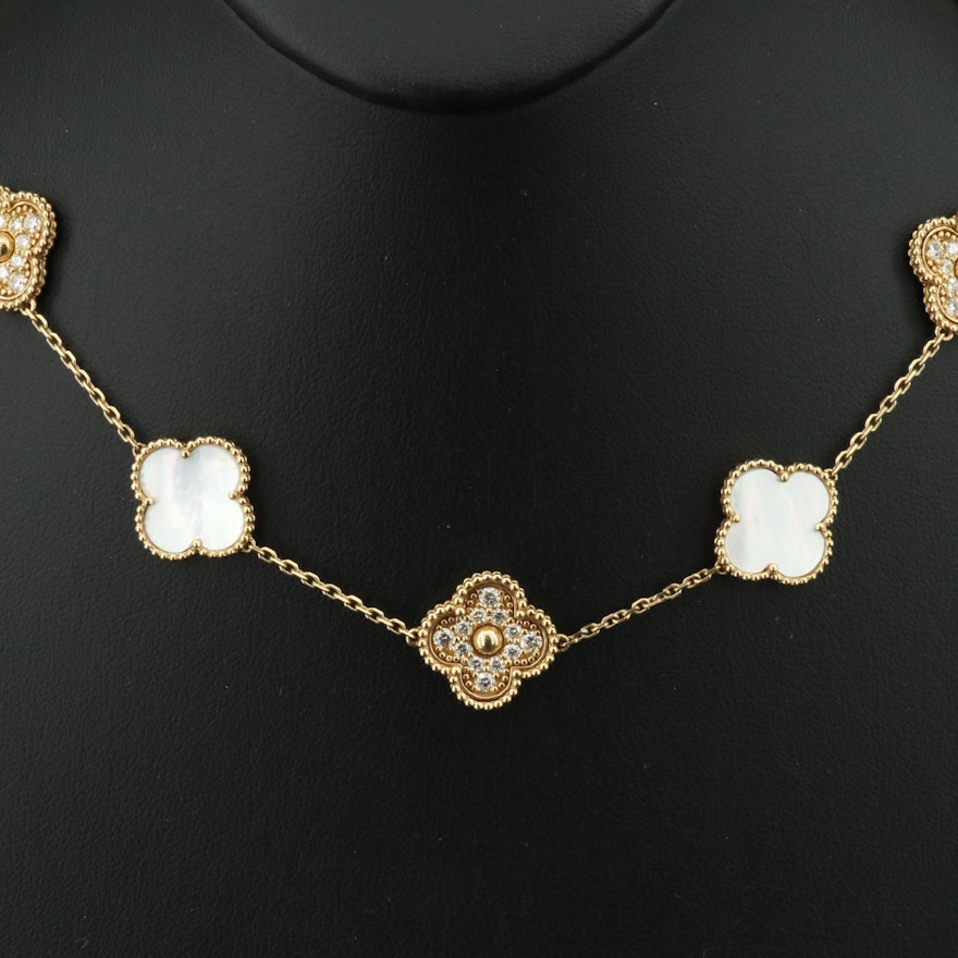 18K 2.60 CTW Diamond and Mother-of-Pearl Quatrefoil Station Necklace