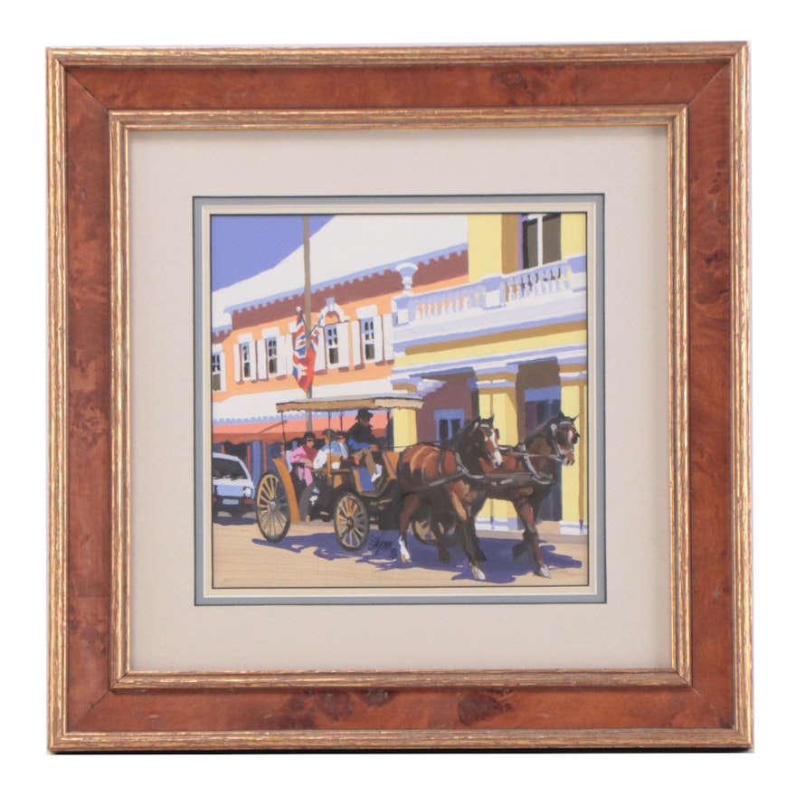 Acrylic Painting of Figures In Horse Drawn Carriage, 1996