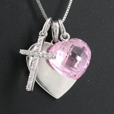 Sterling Cubic Zirconia Cross and Love Heart Pendant Necklace