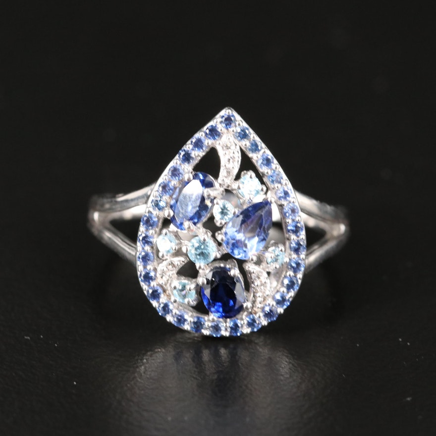 Sterling Sapphire, Sky Blue Topaz and White Sapphire Teardrop Ring