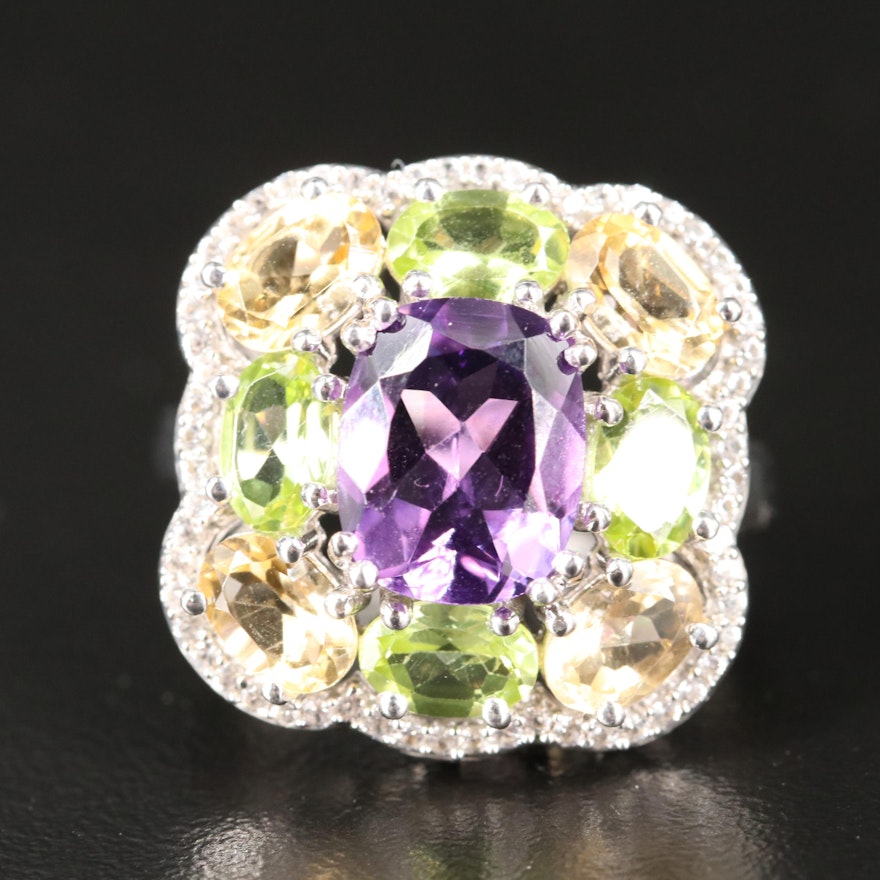 Sterling Amethyst, Peridot and White Sapphire Ring