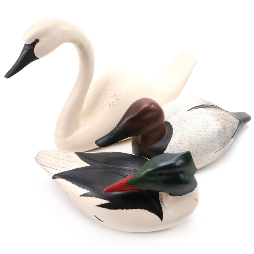 Wooden Wildlife Kennebunk Maine Hand-Painted Trumpeter Swan and More Ducks
