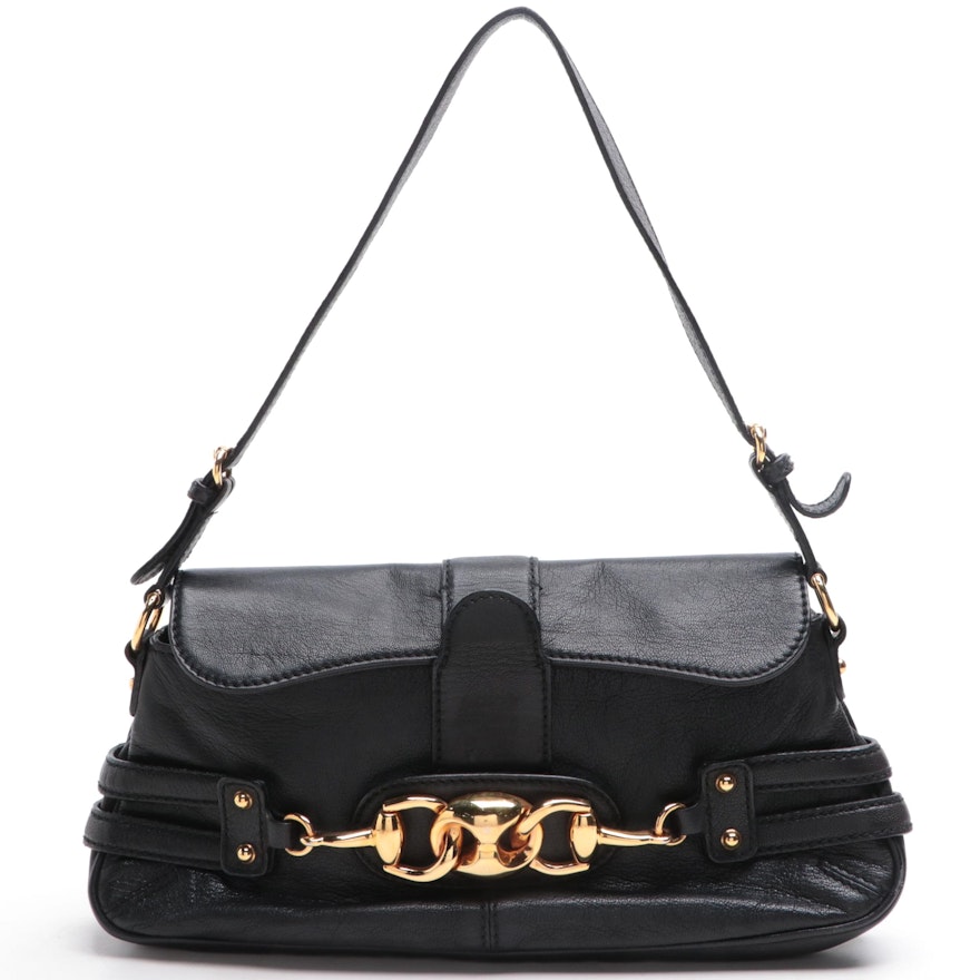 Gucci Horsebit Chain Flap Shoulder Bag in Black Leather