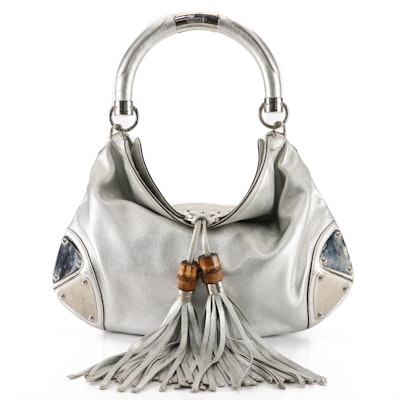 Gucci  Babouska Indy Two-Way Bag in Silver Metallic Leather with Bamboo Tassels