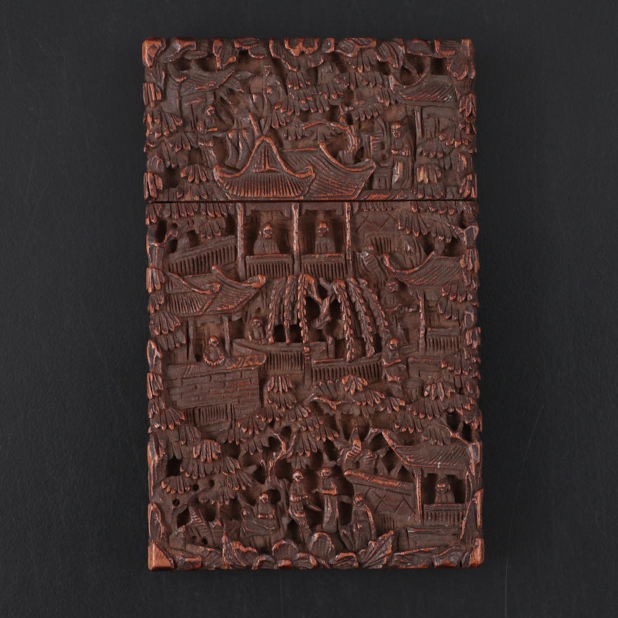 Chinese Carved Wood Card Case, 19th Century