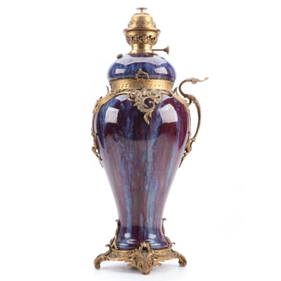 Louis XV Style Ormolu Mounted Chinese Flambe Glaze Oil Lamp