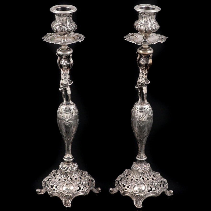 Pair of German 800 Silver Figural Candlesticks