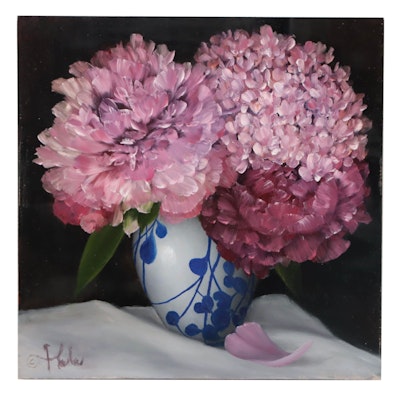 Thu-Thuy Tran Oil Painting "Pink Peonies and Hydrangeas," 2023