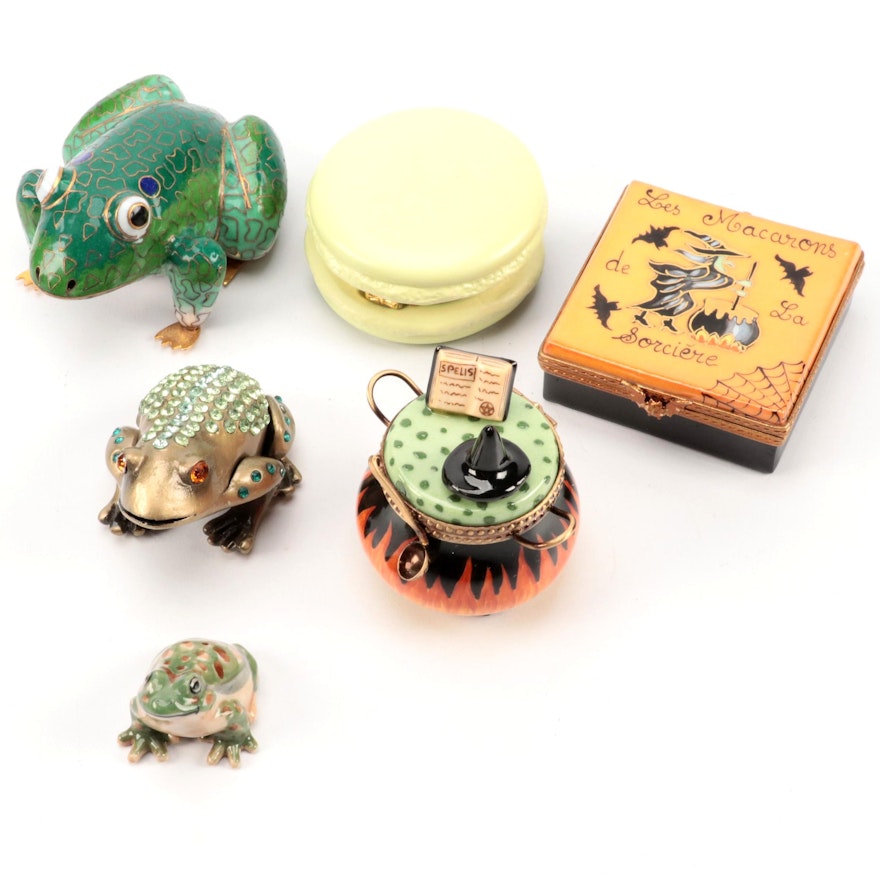 Chinese Cloisonné Frog with Limoges and Other Boxes and Figurines