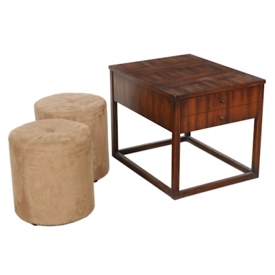Wellington Hall Walnut-Finish Side Table with Pair of Poufs
