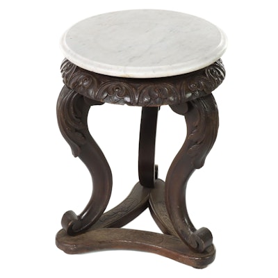 Baroque Style Marble Top Carved Wooden Side Table