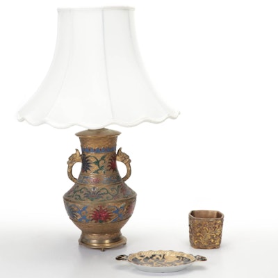 Japanese Champleve Brass and Spelter Dragon Handle Table Lamp and More