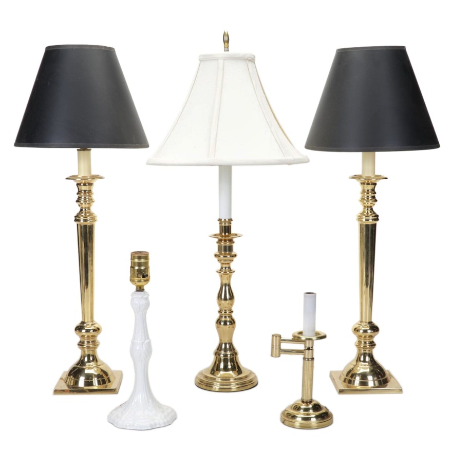 Matched Pair and Other Brass and Enamel Candlestick Style Lamps