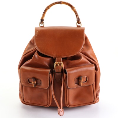 Gucci Drawstring Backpack with Bamboo Top Handle in Cognac Calfskin Leather