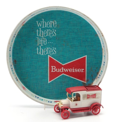Metal Budweiser Beer Tray with Ertl Replica Budweiser Ford Truck Coin Bank