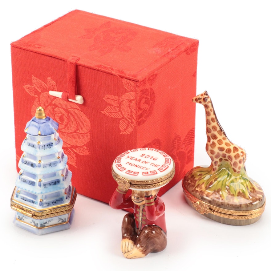 Limoges Pagoda, Monkey and Giraffe Porcelain Trinket Boxes