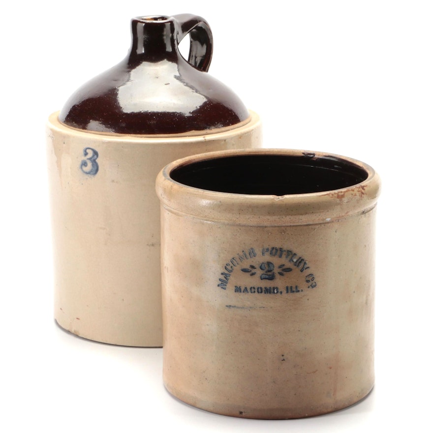 Macomb Pottery Co. Two-Gallon Crock with Other Three-Gallon Stoneware Jug