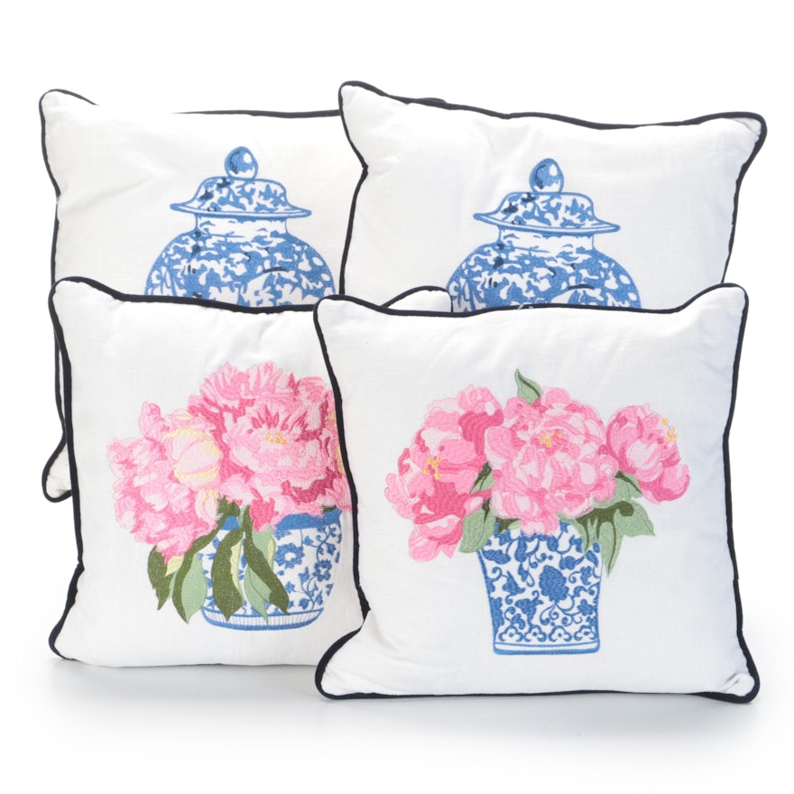 Sally Eckman Roberts Ming Vase & Peonies, Ginger Jar Embroidered Accent Pillows