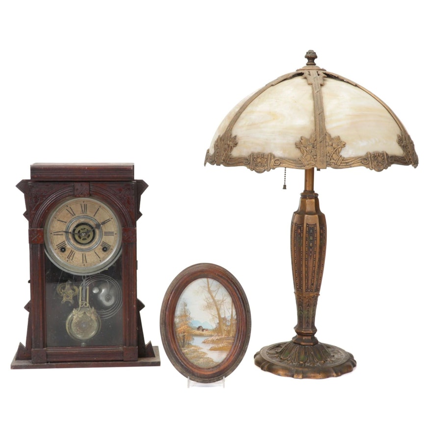 Wm. L. Gilbert Clock, Six-Panel Bent Slag Glass and Spelter Lamp, Oval Painting