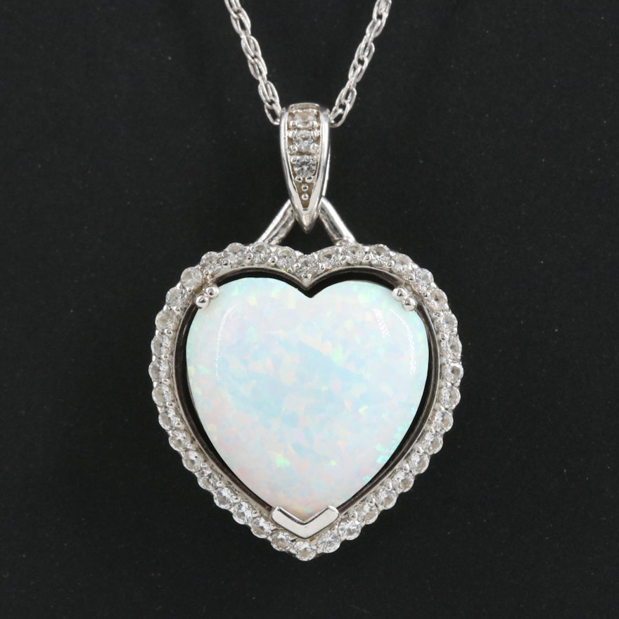 Sterling Opal and Sapphire Heart Pendant Necklace