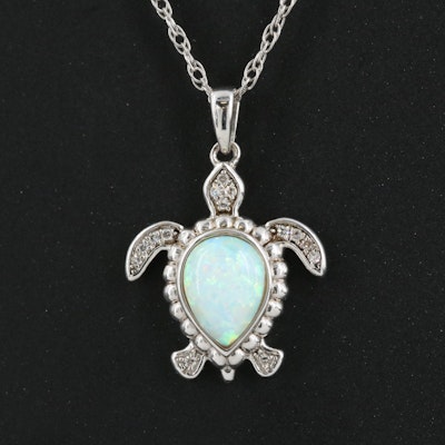 Sterling Opal and Diamond Turtle Pendant Necklace