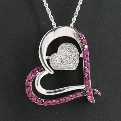 Sterling Ruby and Sapphire Heart Tremble Pendant Necklace