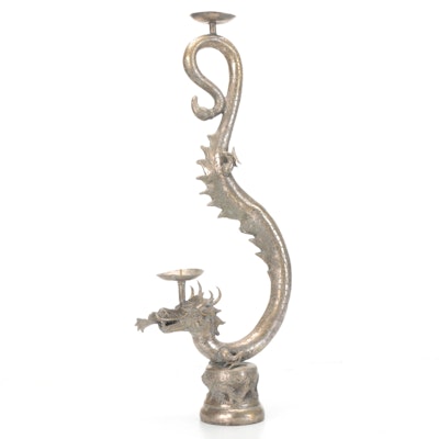 Chinese Style Silvered Metal Figural Dragon Double Pricket Floor Candlestick