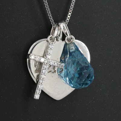 Sterling Topaz and Cubic Zirconia Cross and Faith Heart Pendant Necklace