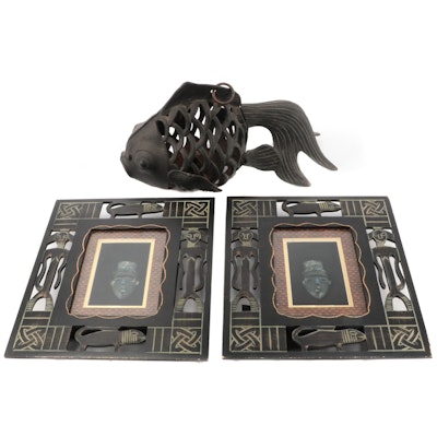 African Style Framed Mask Wall Décor with Metal Goldfish Lantern