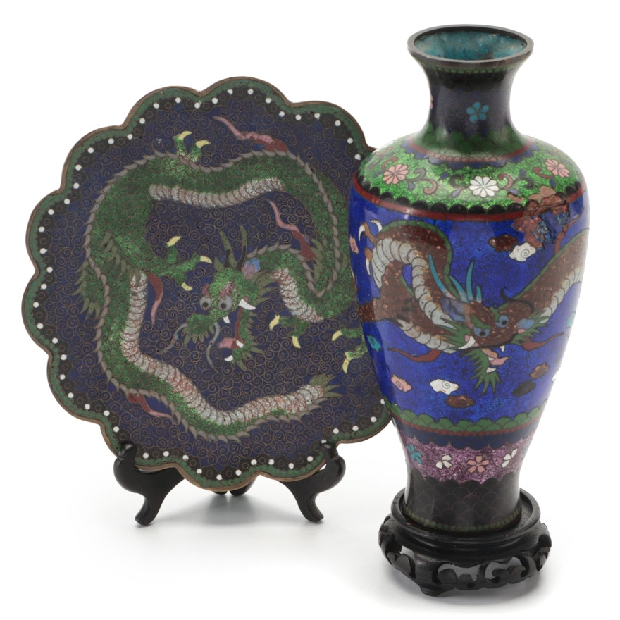 Japanese Cloisonné Dragon Motif Vase and Dish