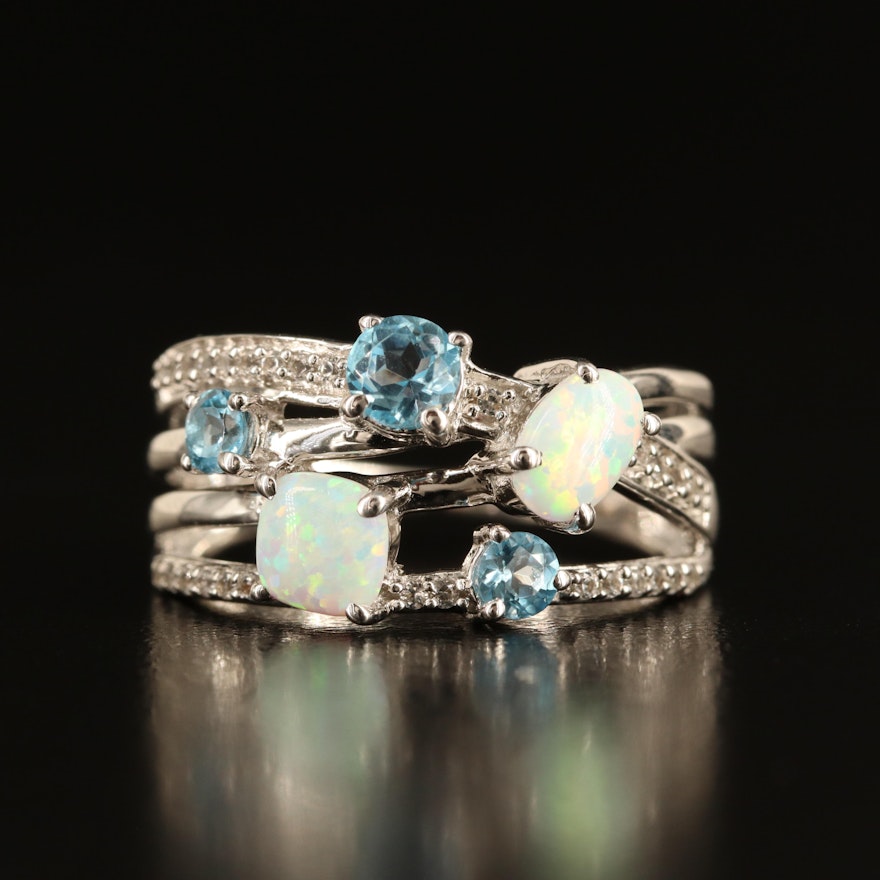 Sterling Opal, Sky Blue Topaz and White Sapphire Crossover Ring