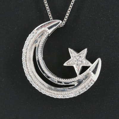 Sterling Sapphire Crescent Moon and Star Pendant Necklace
