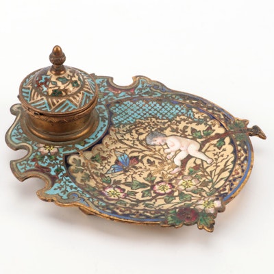 French Rococo Style Champlevé Brass and Enamel Inkwell