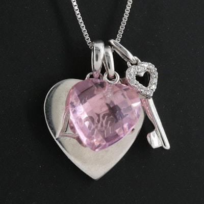 Sterling Glass Crystal and Sapphire Key and Love Heart Pendant Necklace