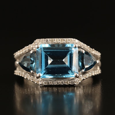 Sterling Swiss and London Blue Topaz Ring with White Sapphire Border