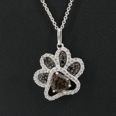 Sterling Smoky Quartz, Spinel and Sapphire Paw Print Pendant Necklace