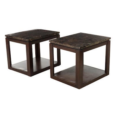 Pair of Standard Furniture "Bella" Faux-Marble Side Tables in Deep Brown Finish
