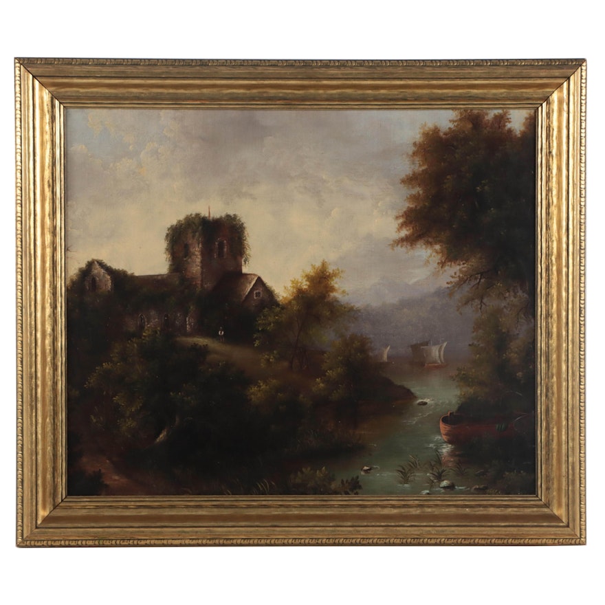Landscape Oil Painting of Riverside Cottage, 19th Century